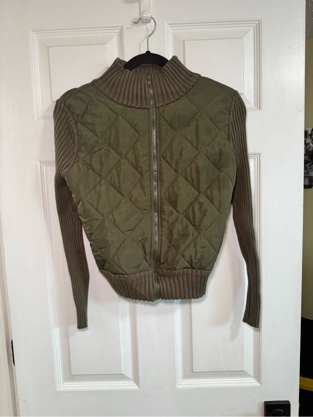 Madden Girl M Olive Green Quilted Mixed Media Knit Full Zip Jacket Y2K
